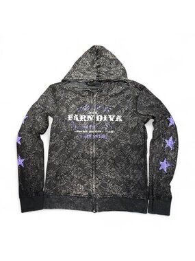 Y2K Scotsdale Horse Show Reversible Acid Washed Floral Lace Graphic Zip Hoodie